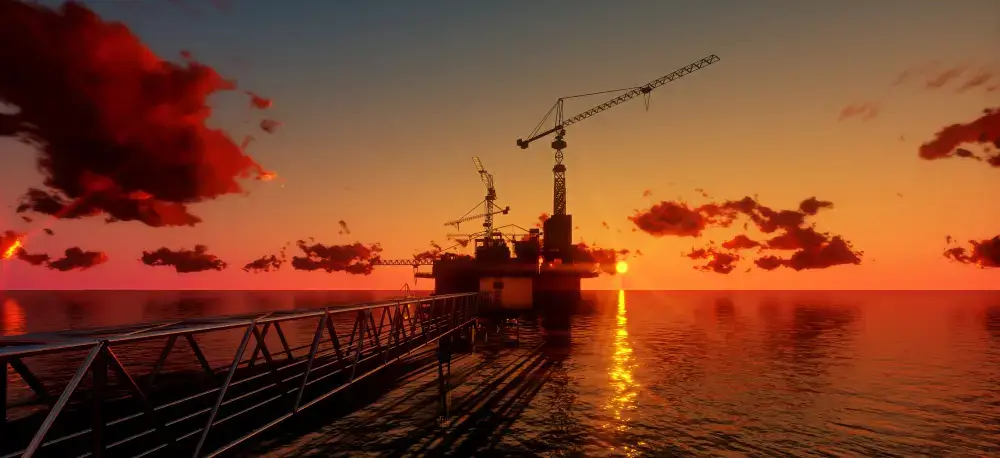Oil & Gas offshore rig with lift apparatus connector subsea during sunset