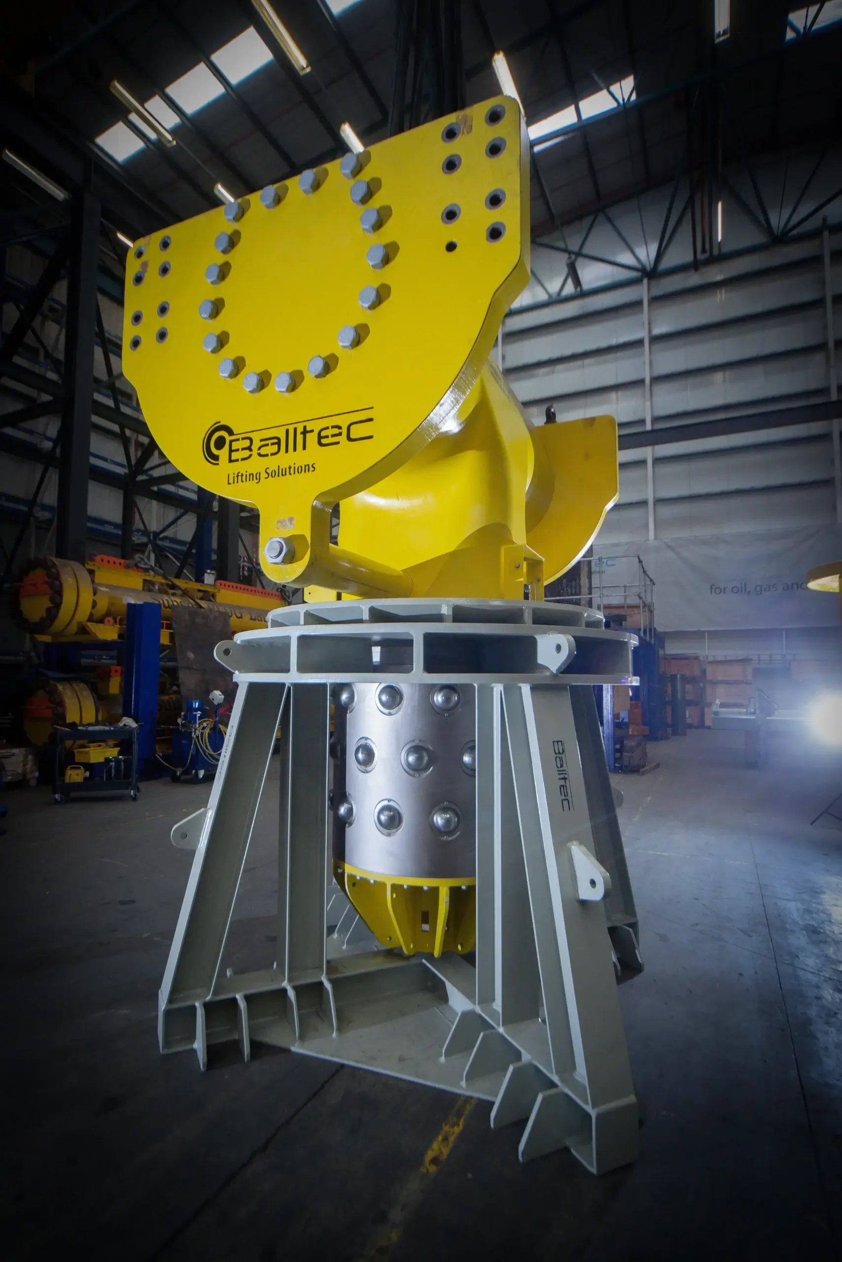 LiftLOK lifting subsea offshore quick connect connectors in cradle in workshop testing facility