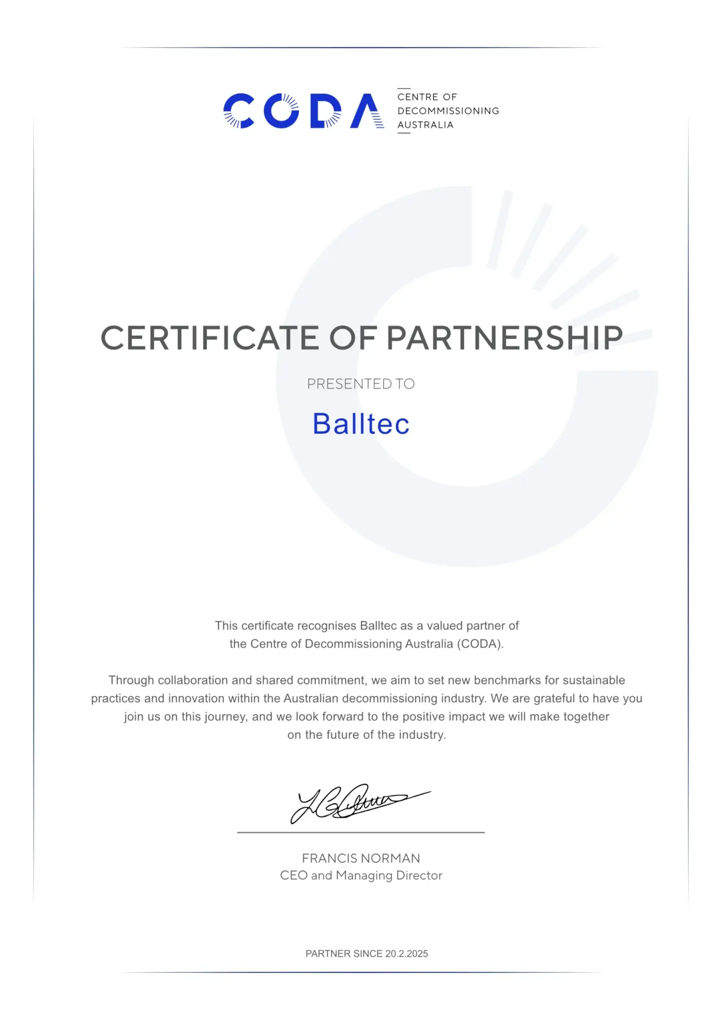 CODA Partner Certificate Balltec